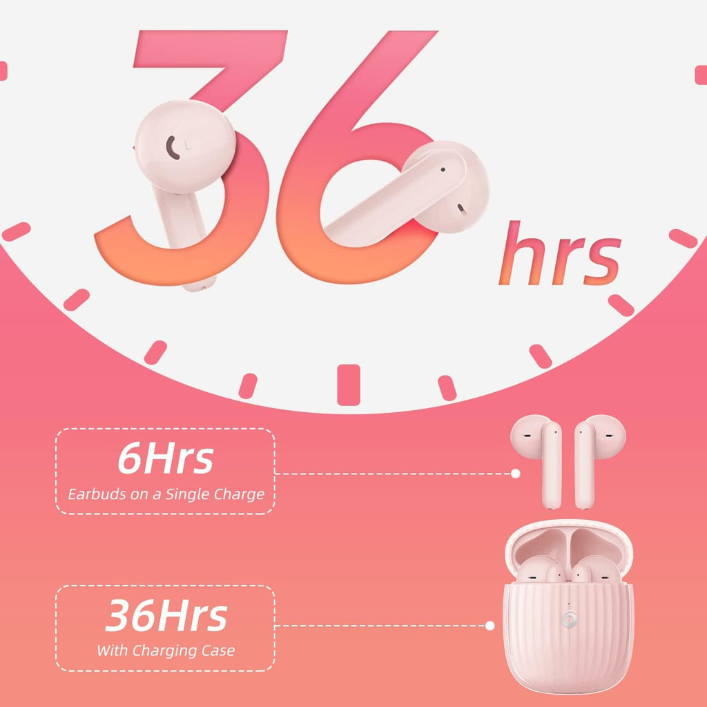 Wireless Earbuds Bluetooth Earbuds Noise Cancelling Earbud Wireless Earphones Built in Mic Handset 36H Playtime Comfortable IP55 Waterproof Earphone for Sport Women Girls Gifts Ideas,Pink