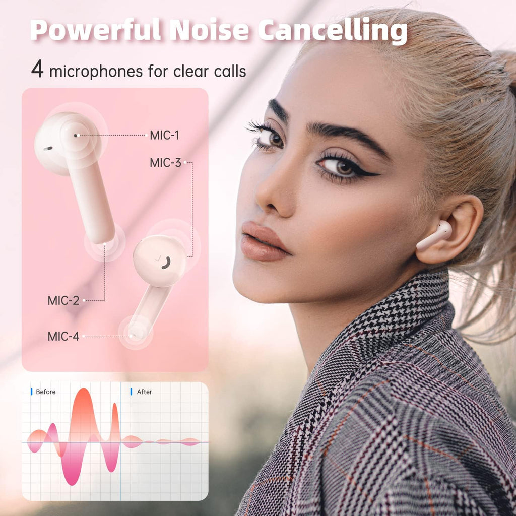 Wireless Earbuds Bluetooth Earbuds Noise Cancelling Earbud Wireless Earphones Built in Mic Handset 36H Playtime Comfortable IP55 Waterproof Earphone for Sport Women Girls Gifts Ideas,Pink