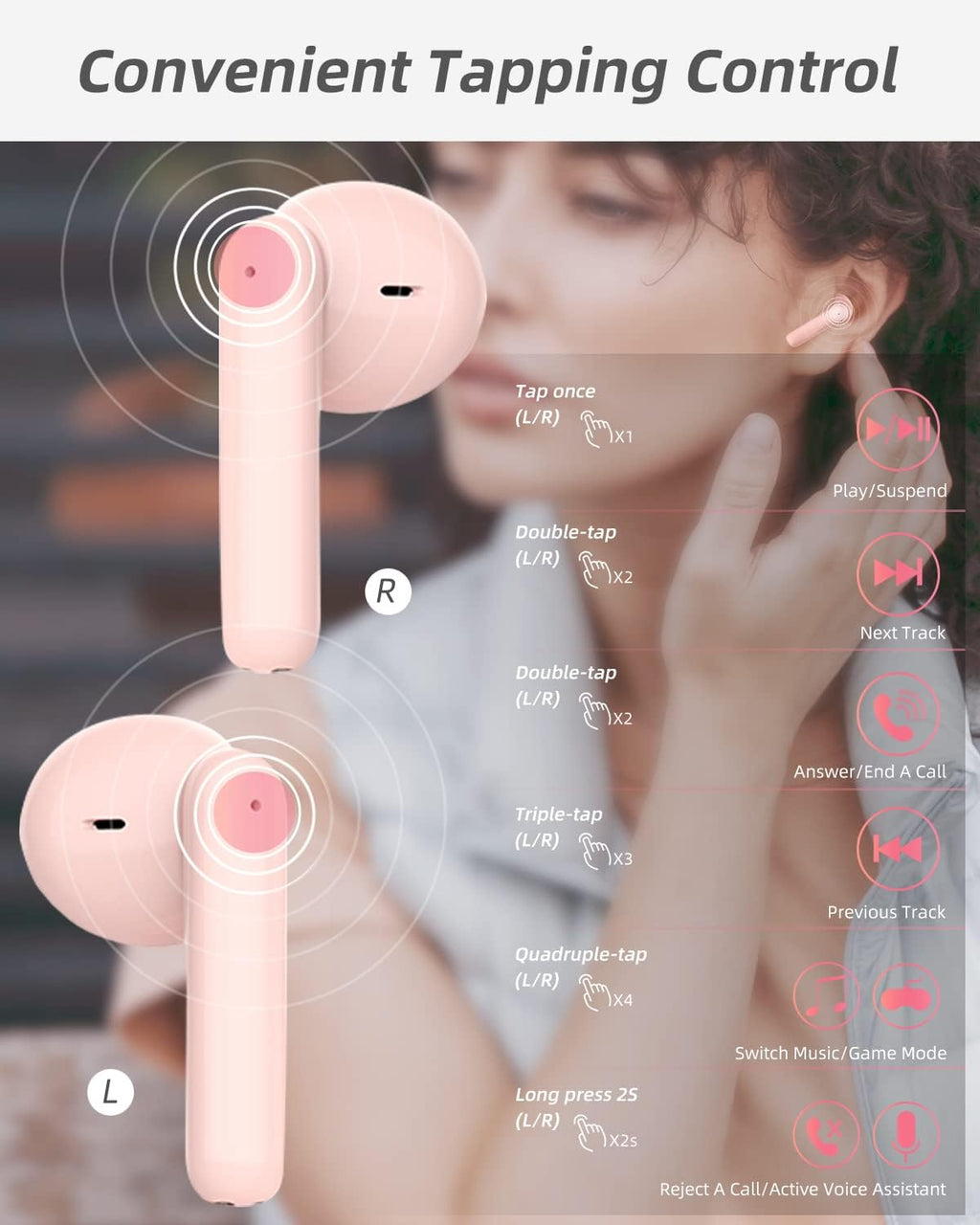 Wireless Earbuds Bluetooth Earbuds Noise Cancelling Earbud Wireless Earphones Built in Mic Handset 36H Playtime Comfortable IP55 Waterproof Earphone for Sport Women Girls Gifts Ideas,Pink