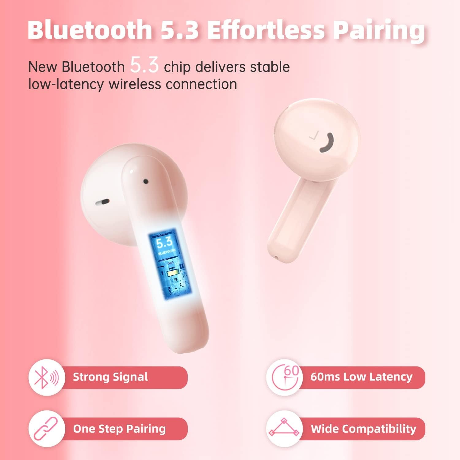 Wireless Earbuds Bluetooth Earbuds Noise Cancelling Earbud Wireless Earphones Built in Mic Handset 36H Playtime Comfortable IP55 Waterproof Earphone for Sport Women Girls Gifts Ideas,Pink